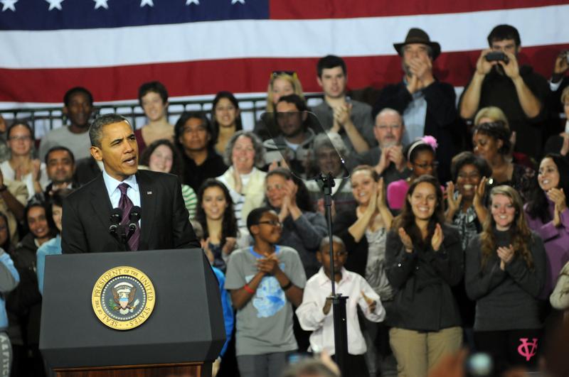 MANCHESTER, NH - NOVEMBER 22: U.S. President Barack Obama speaks at Manchester Central High School November 22, 201 in Manchester, New Hampshire. Obama spoke about job creation.