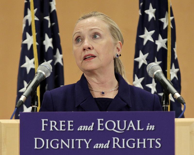 Secretary of State Hillary Clinton defends the rights of lesbian, gay, bisexual, and transgender people during the International Human Rights Day at the United Nations in Geneva on December 6, 2011.