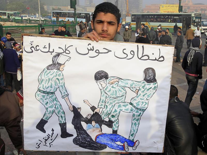 An Egyptian protester's sign reads: '(Field Marshal) Tantawi, get your dogs off me' and depicts a veiled woman who was beaten by military police, during a demonstration at Tahrir Square on Dec. 19.