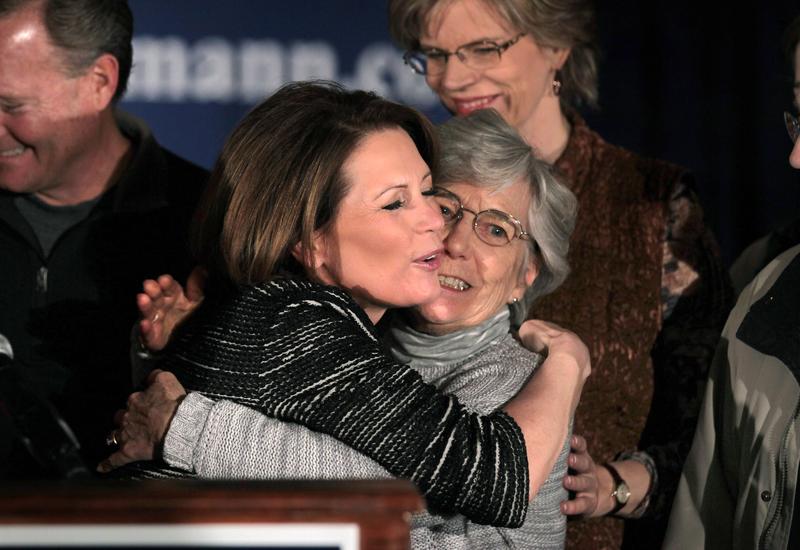 Michele Bachmann hugs her mother Jean LaFave after announcing during a news conference she is ending her campaign.