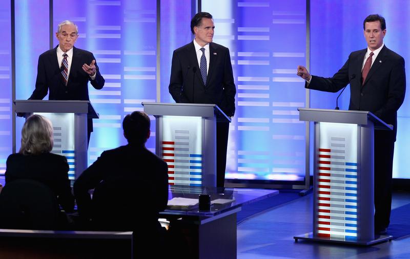 Ron Paul, Mitt Romney, and Rick Santorum participate in the ABC/Yahoo! News Republican Debate.