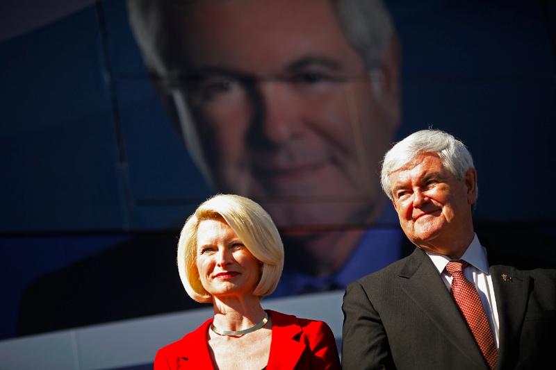 Newt Gingrich and his wife Callista Gingrich hold a campaign rally in Sumter County, Florida.