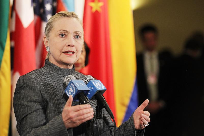 Secretary Clinton speaks outside a United Nations Security Council meeting on the crisis in Syria.