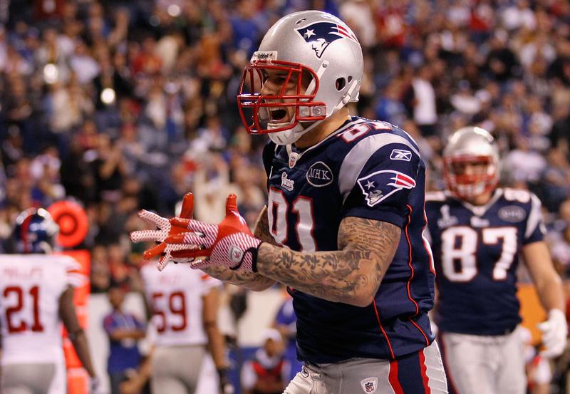 Aaron Hernandez #81 of the New England Patriots celebrates a 12 yard touchdown in the third quarter against the New York Giants on February 5, 2012 in Indianapolis, Indiana.