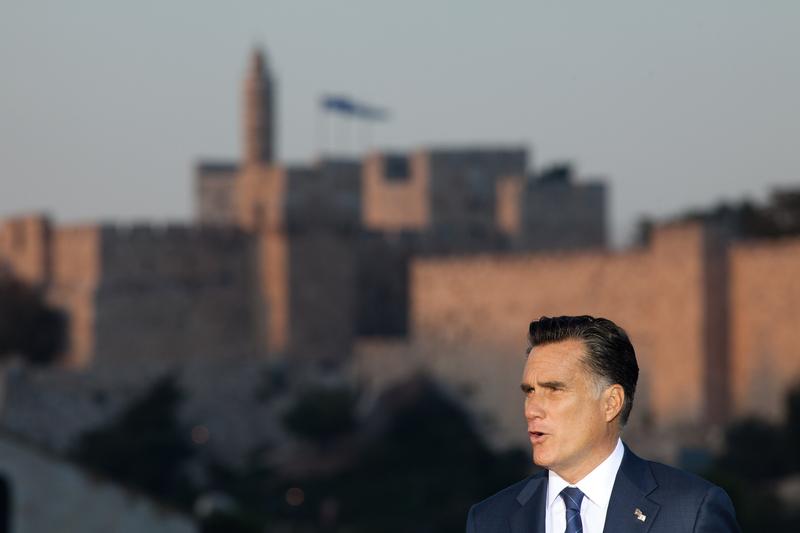 U.S. Republican presidential candidate Mitt Romney delivers a speech outside the Old City on July 29, 2012 in Jerusalem, Israel