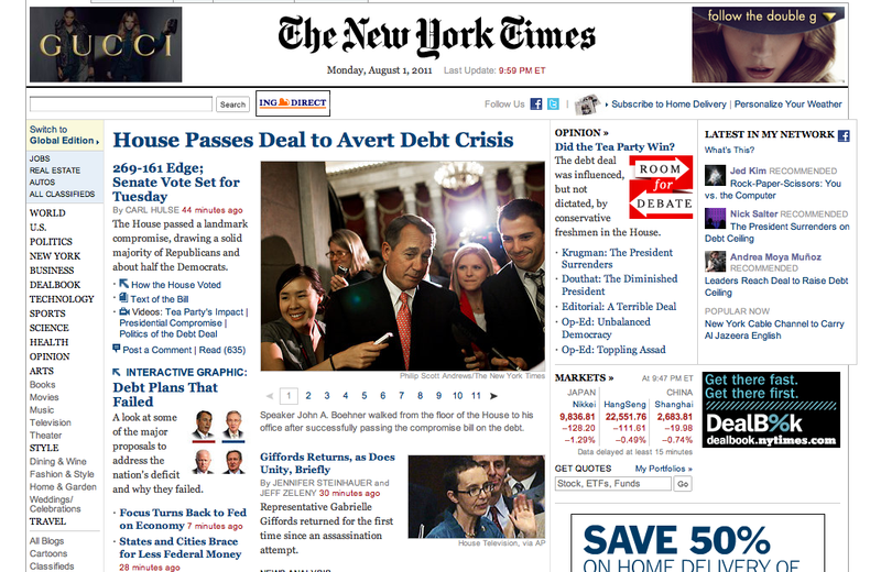 The Takeaway's Washington correspondent Todd Zwillich interviewing John Boehner, as seen on the homepage of The New York Times on August 1.