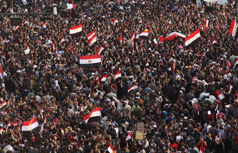 Anti-government protesters fill Tahrir Square on February 11, 2011, in Cairo.