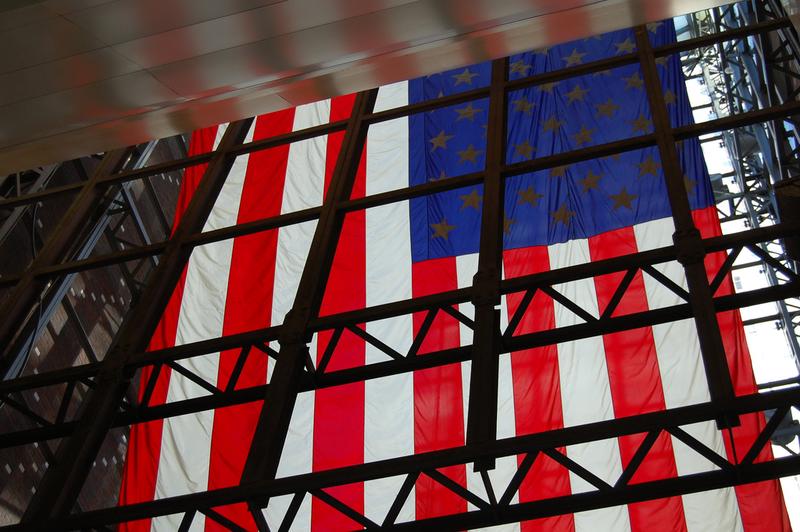 American flag hanging at Penn Station, in New York City