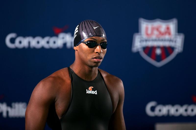 File: Cullen Jones stands on the blocks before swimming in the men's final of the 100 meter freestyle on July 10, 2009