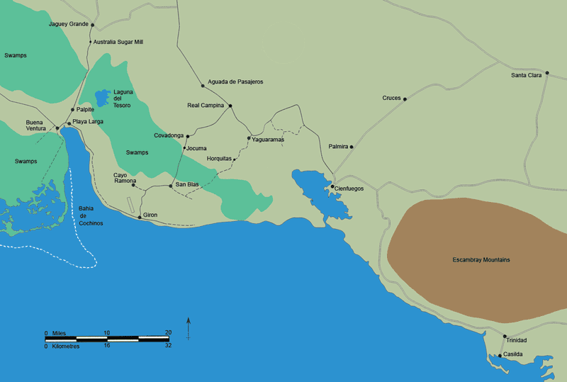 A map showing the Bay of Pigs as well as the Escambray Mountains.