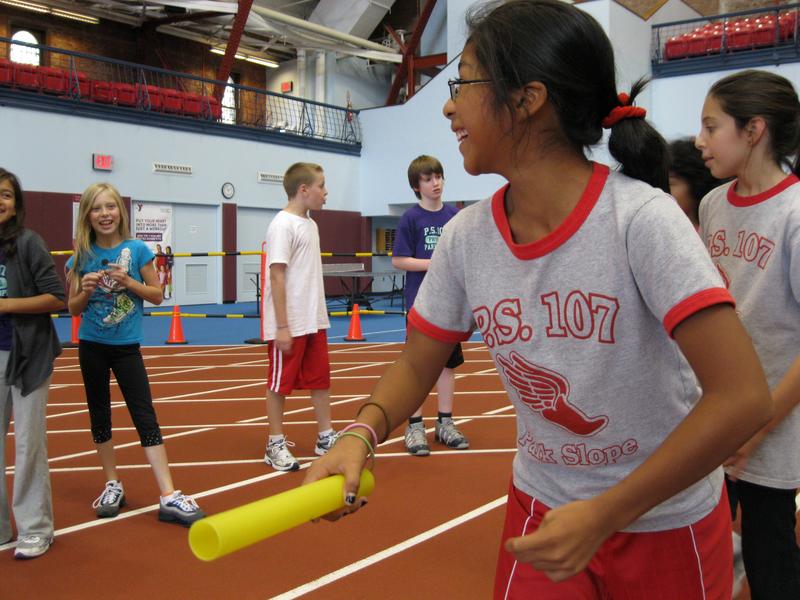 Relay racing is one of three activities 5th graders at PS107 participate in during gym class