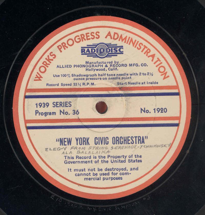 Label from a 16" WPA Federal Music Project Radio Division transcription disc