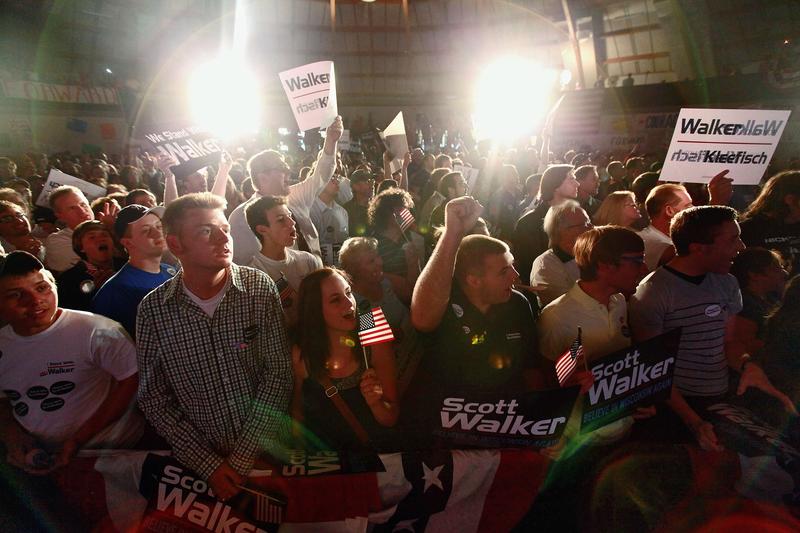 Supporters of Governor Scott Walker gather to celebrate his victory in the Wisconsin recall election.