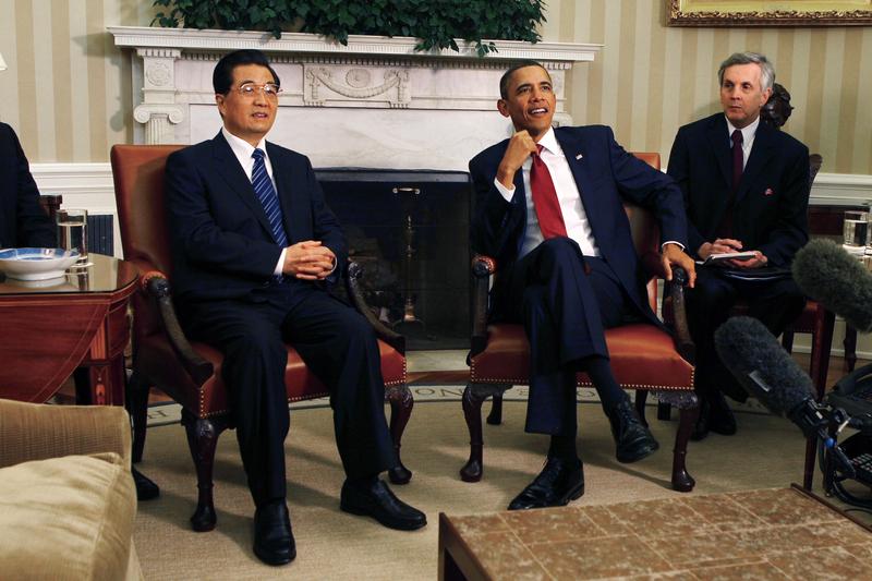 U.S. President Barack Obama and Chinese President Hu Jintao meet in the Oval Office with interpreters at the White House January 19, 2011 in Washington, DC.