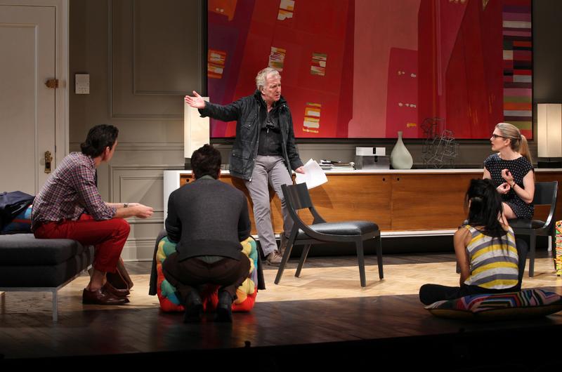 Alan Rickman (center) and company in a scene from "Seminar" on Broadway at the Golden Theater