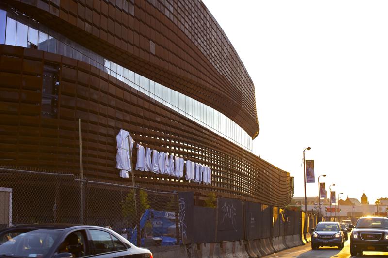 Letters newly erected and still shrouded on the Atlantic Avenue side of Barclays Center on August 8, 2012