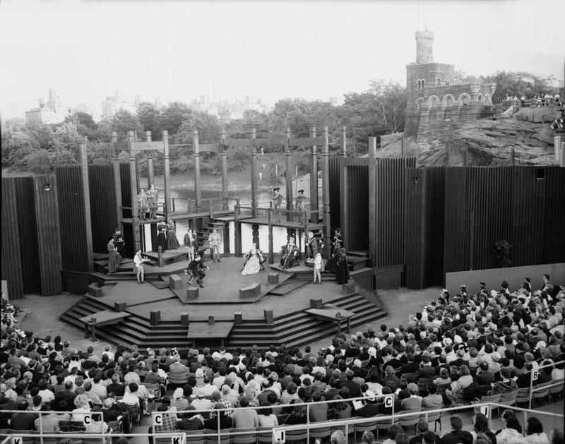 June 17, 1964 performance of Hamlet at the Delacorte Theatre, Belvedere Castle in the background. Neg. 31992.
