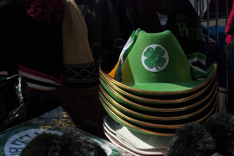 A stack of shamrock hats sit on a vendor's table on seventh avenue in midtown Manhattan the Friday before St. Patrick's Day.