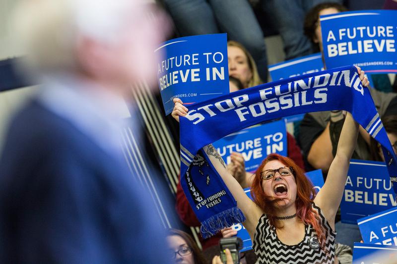 Audience members cheer during a speech by Democratic presidential candidate Sen. Bernie Sanders (D-VT) at a campaign rally at Great Bay Community College on Feb. 7, 2016 in Portsmouth, New Hampshire.