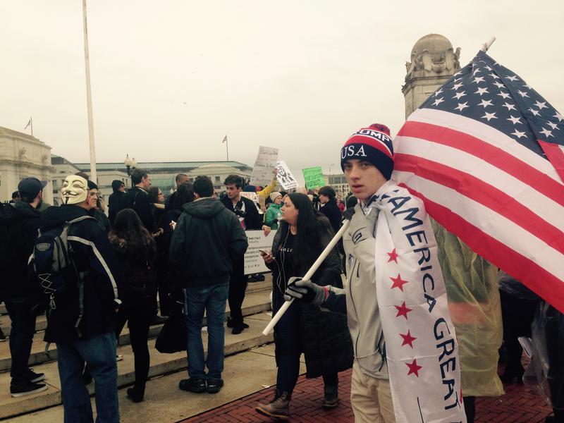 After the inauguration, protesters from both sides gathered in front of the train station in Washington, D.C.