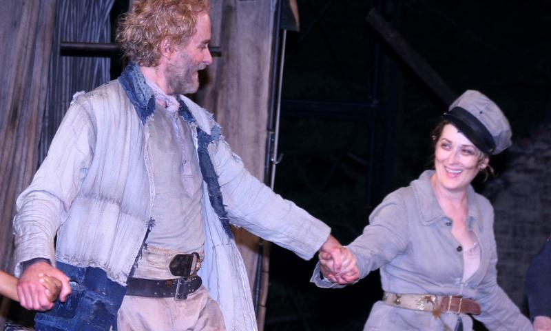 Meryl Streep (R) with Kevin Kline (L) at curtain call for <em>Mother Courage and Her Children</em>