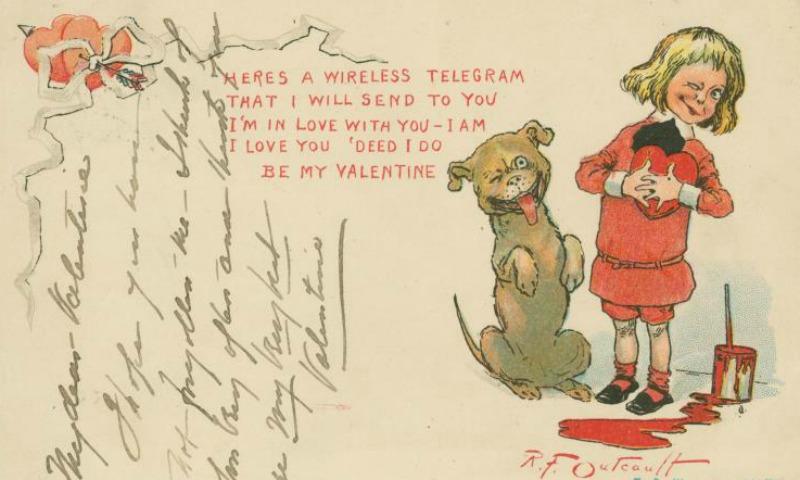 A valentine postcard from 1903 featuring a blood-like pool of paint