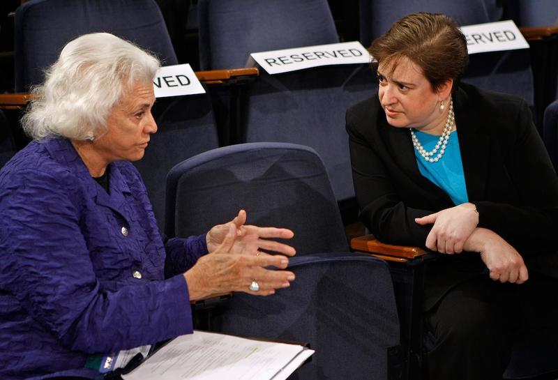 Former U.S. Supreme Court Justice Sandra Day O'Connor talks with U.S. Solicitor General Elena Kagan at Georgetown University Law Center May 20, 2009, in Washington, D.C.