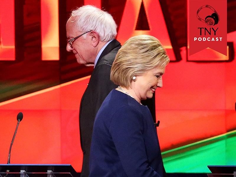 FLINT, MI - MARCH 06: Democratic presidential candidate Senator Bernie Sanders (D-VT) and Democratic presidential candidate Hillary Clinton walk off stage during a break in the CNN Democratic Presiden