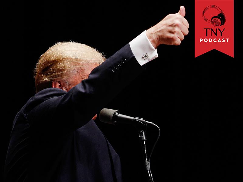 Donald Trump, president and chief executive of Trump Organization Inc. and 2016 Republican presidential candidate, gestures to attendees during a campaign event in Evansville, Indiana, U.S., on Thursd