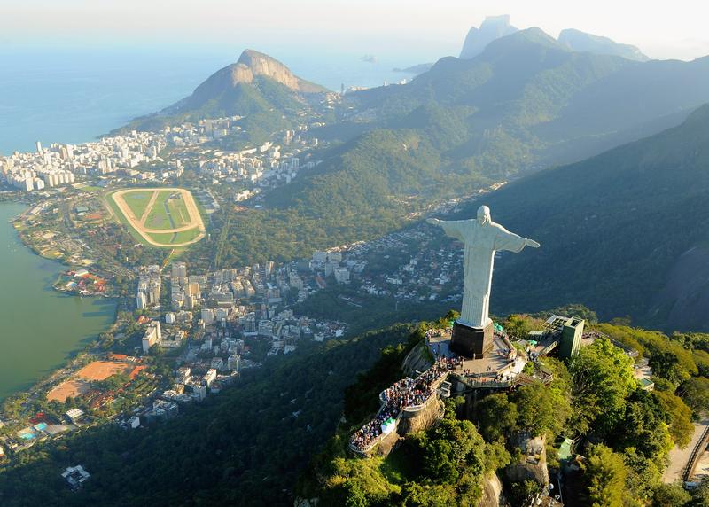 An arial view of the 'Christ the Redeemer' statue on top of Corcovado mountain on July 27, 2011 in Rio de Janeiro, Brazil.