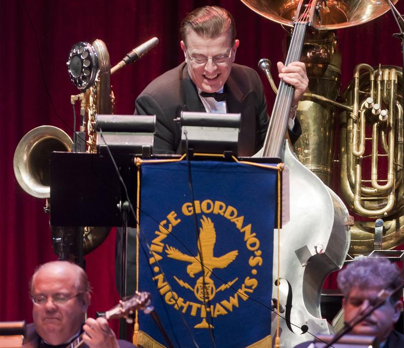 American musician Vince Giordano on upright acoustic bass performs with the Nighthawks at the Jazz Foundation of America's 9th Annual 'A Great Night in Harlem' Benefit at the Apollo Theater