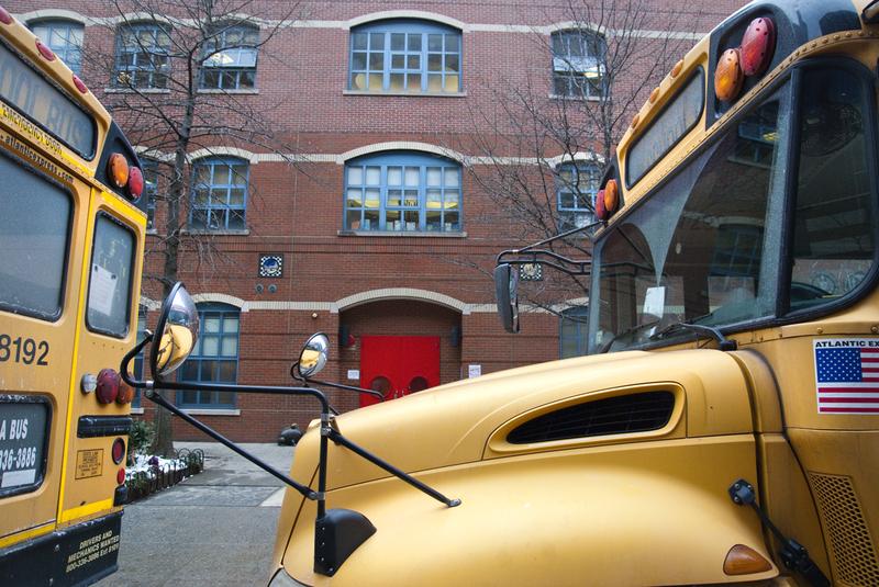 School buses parked outside P.S. 234 in Manhattan.