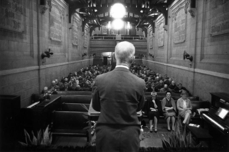 1961: A congregation mostly of homeless elderly men listen to a sermon at the Christian Herald's Bowery Mission, New York, on Manhattan's Lower East Side. (Photo by William Lovelace/Express/Getty Imag