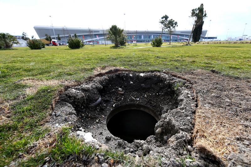 A man hole is seen in the Olympic Park ahead of the Sochi 2014 Winter Olympics on February 5, 2014 in Sochi, Russia.