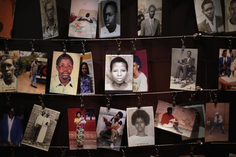 Family photos of victims of the 1994 Rwanda genocide hang inside the Kigali Genocide Memorial Centre April 5, 2014 in Kigali, Rwanda.
