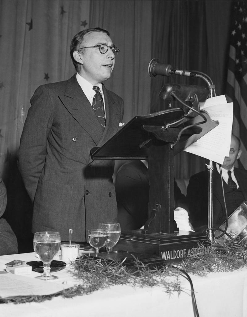 US diplomat Adolf Berle (1895 - 1971) gives a speech at the Waldorf Astoria in New York City, circa 1950.