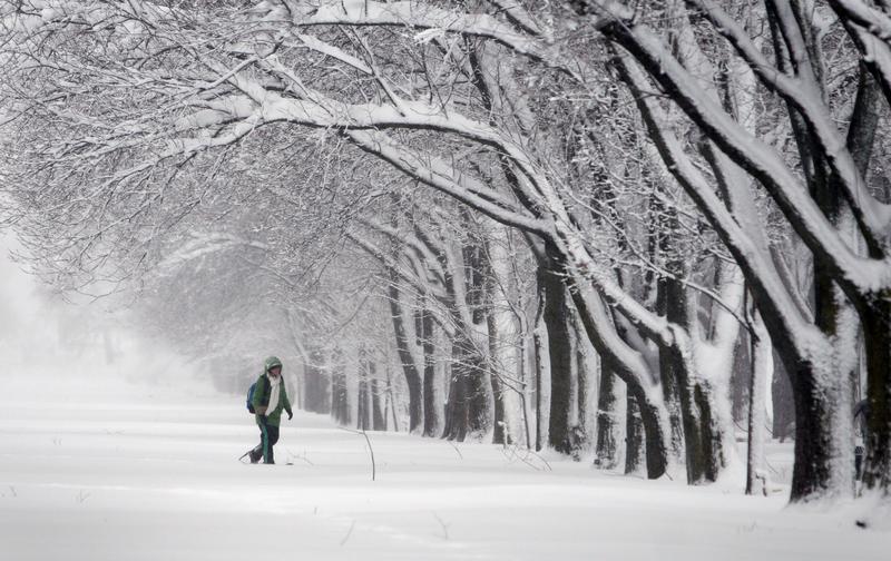 A woman on snowshoes makes her way along The Mall in Washington during a winter snowstorm that buried the city under what could be record-breaking snowfall, February 6, 2010.