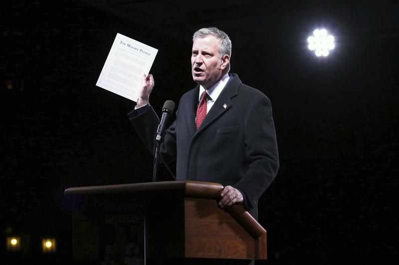 Mayor Bill de Blasio participates in the "We Stand United: New York Rally to Protect Shared Values" on Thursday, Jan.19, 2017.