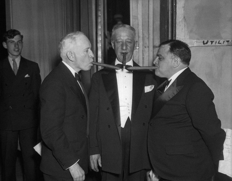 Comic strip artist and writer Harry Hershfield, former Gov. Al Smith and Mayor Fiorello LaGuardia at hte elks minstrel show, May 26, 1935.