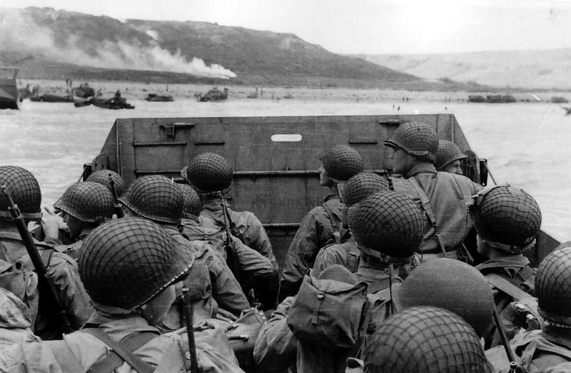 Troops in an LCVP landing craft approaching "Omaha Beach" during the Normandy Invasion, on "D-Day", June 6, 1944.