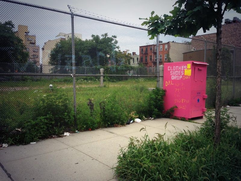 A clothing donation drop-off bin in Bed-Stuyvesant. Many of these bins are run by companies that actually re-sell the items, rather than donate them to charity.