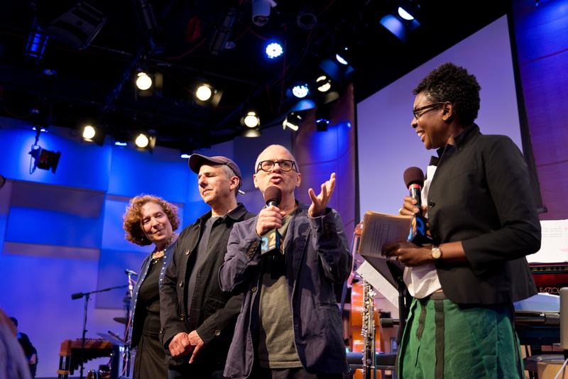 Composers and Bang on a Can co-founders Julia Wolfe, Michael Gordon and David Lang with host Helga Davis at Q2 Music Presents in The Greene Space