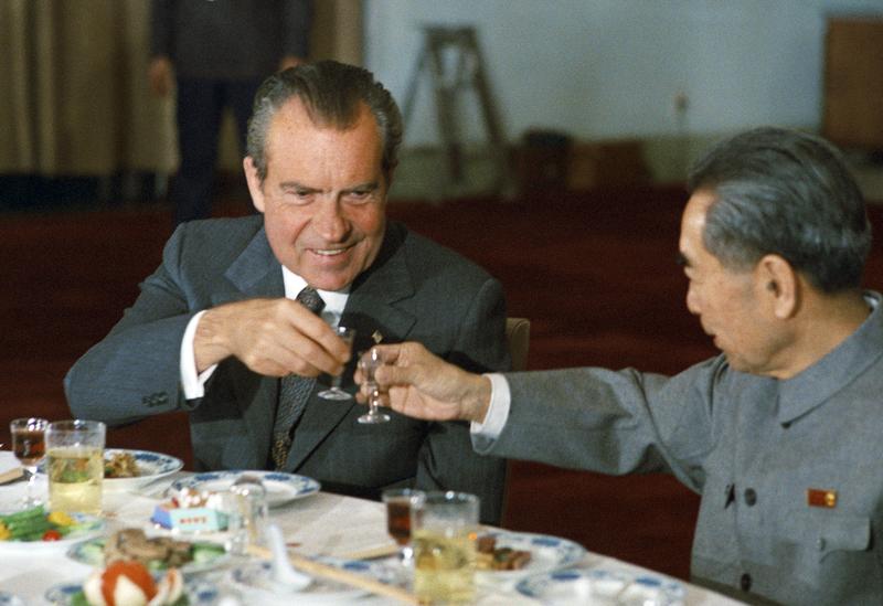 President Richard Nixon (USA) toasts Zhou Enlai the Chinese Prime Minister during a state banquet in Beijing in 1972.