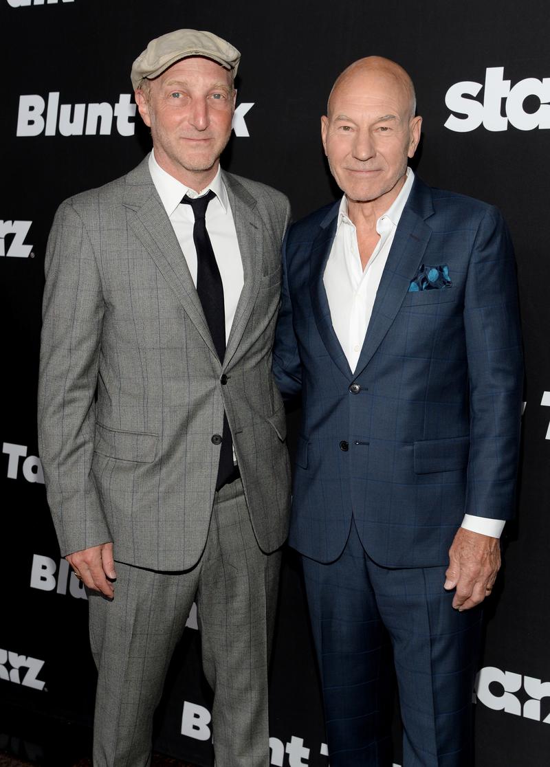 Writer Jonathan Ames (L) and actor Patrick Stewart attends the STARZ' 'Blunt Talk' series premiere on August 10, 2015 in Los Angeles, California.