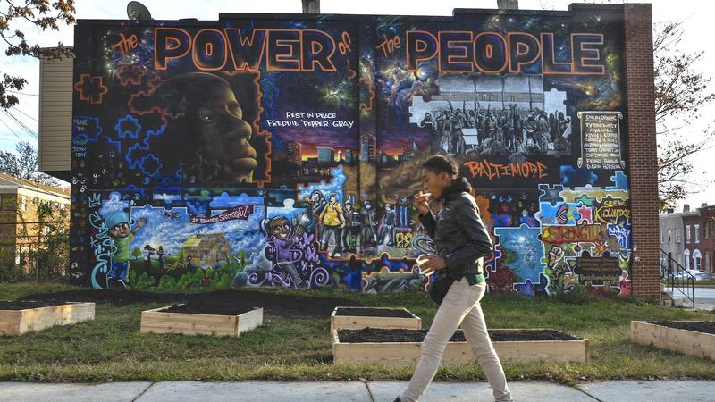 A mural honoring the people of West Baltimore has been painted near the area where Freddie Gray was arrested in the Sandtown-Winchester neighborhood on Thursday, November 12, 2015, in Baltimore, MD.
