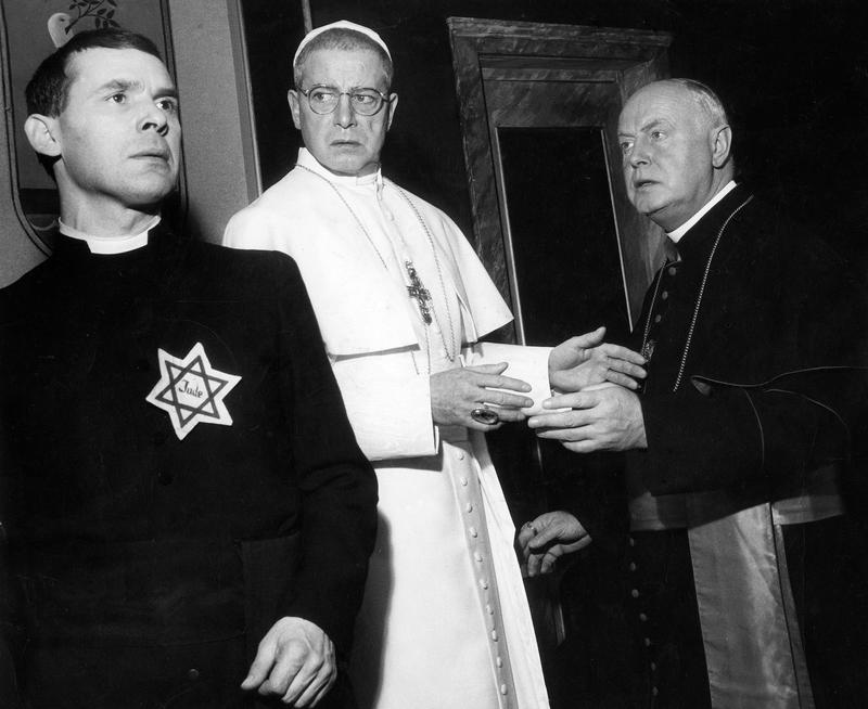 Actor Dieter Borsche as the pope in the play “The Deputy,” by Rolf Hochhuth. On the left, Guenther Tabor as “Riccardo,” and Hans Nielsen on the right as the Cardinal in 1963.