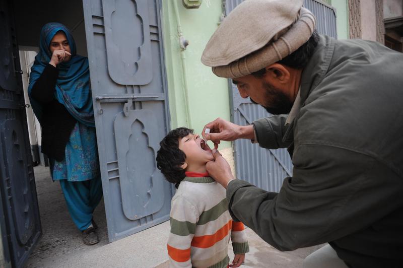 A Pakistani health worker administers a polio vaccination to a child during a polio immunisation campaign in Peshawar on February 2, 2014.