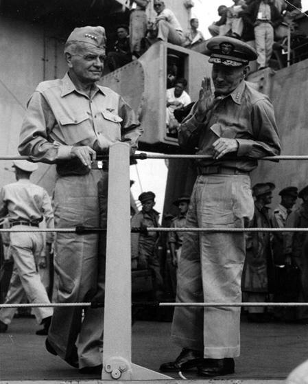 US Navy Admirals William Halsey (L) and John S. McCain, Sr. (R) on the USS Missouri shortly after the conclusion of the surrender ceremonies, 2 September 1945.