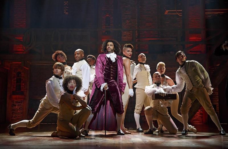 Daveed Diggs (center) stars as Thomas Jefferson in the Broadway musical "Hamilton"