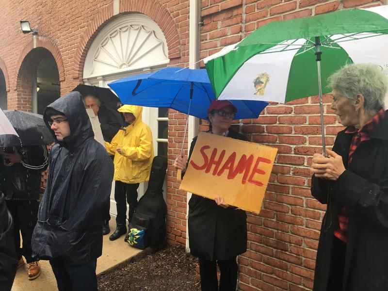 Prostesters outside Rodney Frelinghuysen's office in Morristown on May 5, 2017